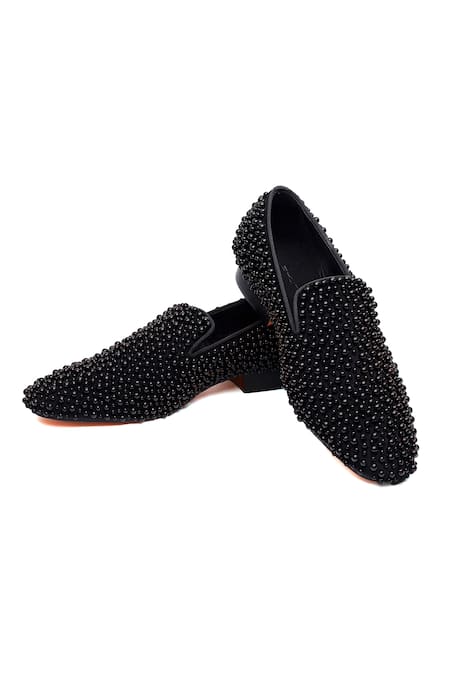 Shutiq Black Margarita Coal Pearl Embellished Loafers