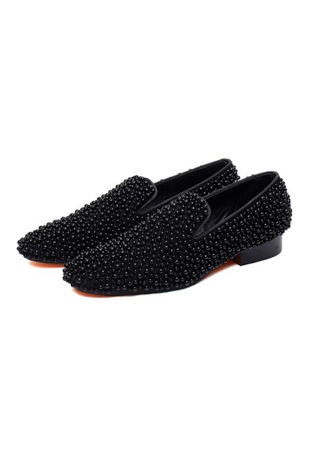 Shop_Shutiq_Black Margarita Coal Pearl Embellished Loafers _Online_at_Aza_Fashions