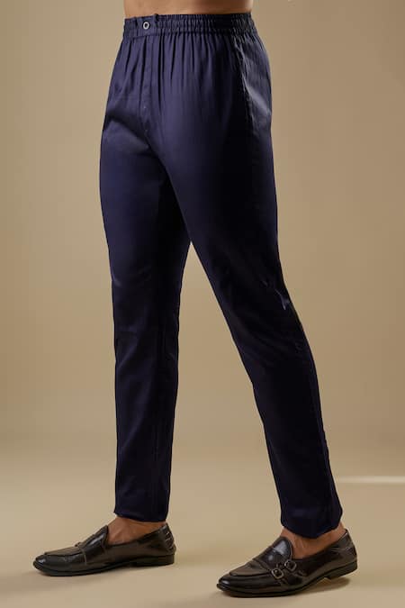 Spring Break_Navy Dupion, Silk, Cotton Embroidery Blue Geometric Sherwani Set _Online_at_Aza_Fashions