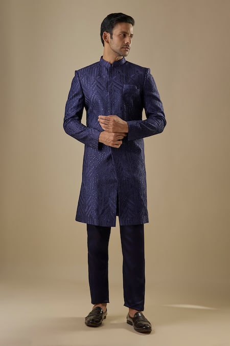 Spring Break Navy Dupion, Silk, Cotton Embroidery Blue Geometric Sherwani Set 