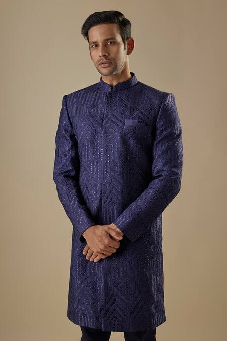 Buy_Spring Break_Navy Dupion, Silk, Cotton Embroidery Blue Geometric Sherwani Set _Online_at_Aza_Fashions