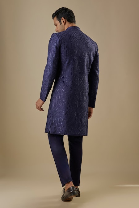 Spring Break Navy Blue Geometric Embroidered Sherwani Set 