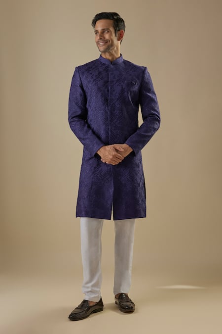Spring Break Navy Dupion, Silk, Cotton Embroidery Blue Sherwani Set 