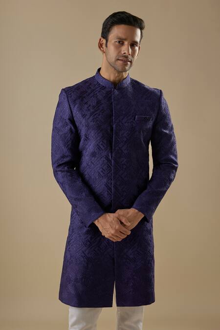 Spring Break_Navy Dupion, Silk, Cotton Embroidery Blue Sherwani Set _Online_at_Aza_Fashions
