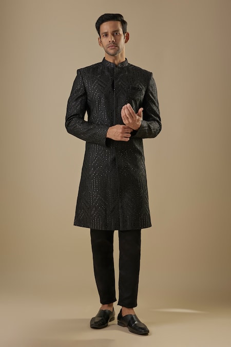 Spring Break Black Dupion, Silk, Cotton Embroidery Geometric Sherwani Set 