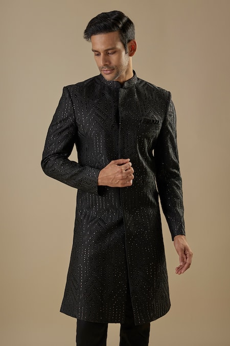 Spring Break_Black Dupion, Silk, Cotton Embroidery Geometric Sherwani Set _Online_at_Aza_Fashions