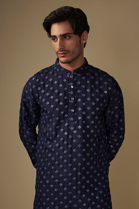 Spring Break_Navy Silk, Cotton Satin Embroidery Blue Kurta Set _Online_at_Aza_Fashions