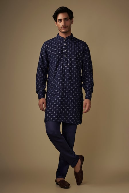 Spring Break Navy Silk, Cotton Satin Embroidery Blue Kurta Set 