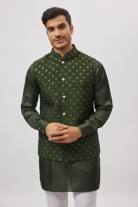 Spring Break_Emerald Green Dupion, Silk Embroidered Nehru Jacket _Online_at_Aza_Fashions