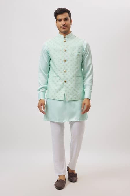 Spring Break Mint Dupion, Silk Green Embroidered Nehru Jacket