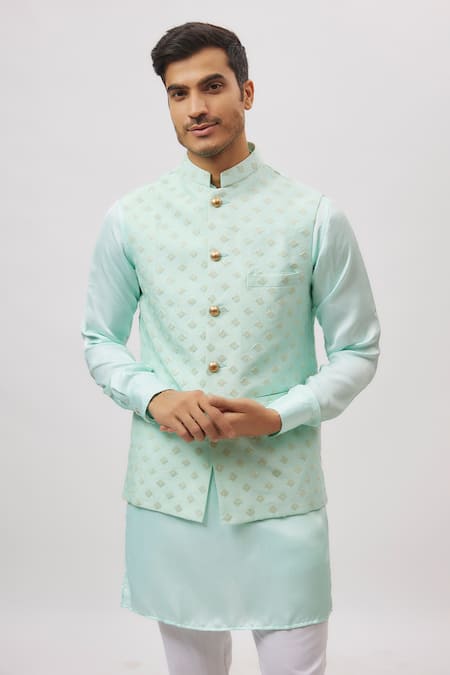 Spring Break_Mint Dupion, Silk Green Embroidered Nehru Jacket _Online_at_Aza_Fashions