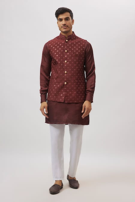 Spring Break Maroon Dupion, Silk Embroidered Nehru Jacket 