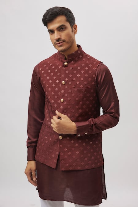 Spring Break_Maroon Dupion, Silk Embroidered Nehru Jacket _Online_at_Aza_Fashions