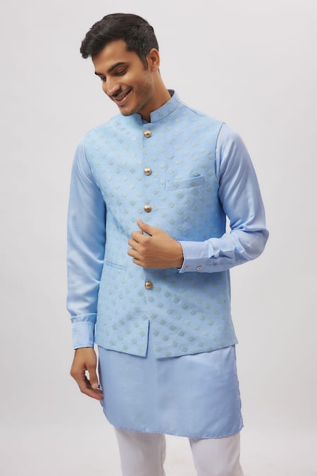 Spring Break_Blue Dupion, Silk Ice Emrboidered Nehru Jacket _Online_at_Aza_Fashions