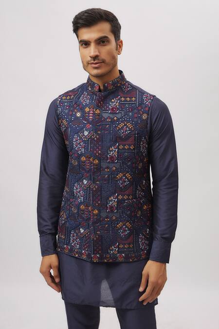 Spring Break_Navy Dupion, Silk Embroidery Blue Botanical Nehru Jacket _Online_at_Aza_Fashions