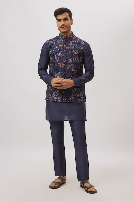 Spring Break Navy Dupion, Silk Embroidery Blue Botanical Nehru Jacket 