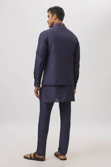 Spring Break Navy Blue Botanical Embroidery Nehru Jacket 