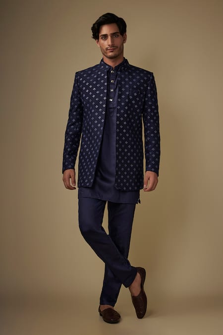 Spring Break Navy Cotton Satin Embroidery Blue Geometric Jacket Kurta Set 