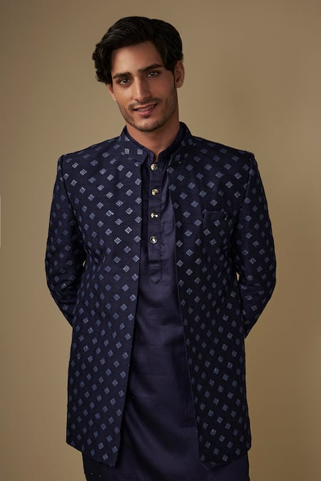 Spring Break_Navy Cotton Satin Embroidery Blue Geometric Jacket Kurta Set _Online_at_Aza_Fashions