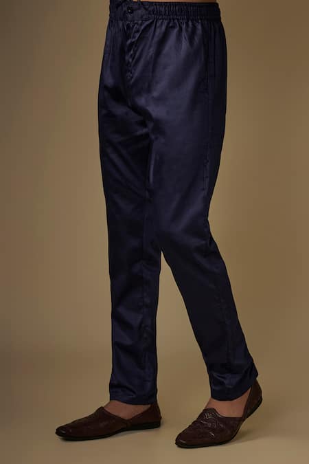 Buy_Spring Break_Navy Cotton Satin Embroidery Blue Geometric Jacket Kurta Set _Online_at_Aza_Fashions