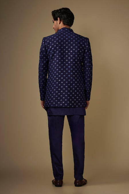 Spring Break Navy Blue Geometric Embroidered Jacket Kurta Set 