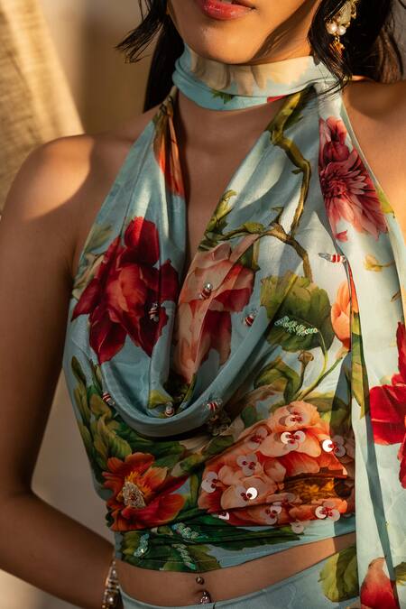 Affroz Blue Viscose, Crepe Sequins, Embroidery Floral Print Designer Top And Skirt Set Online at Aza Fashions Affroz_Blue Viscose, Crepe Sequins, Embroidery Floral Print Designer Top And Skirt Set _Online_at_Aza_Fashions