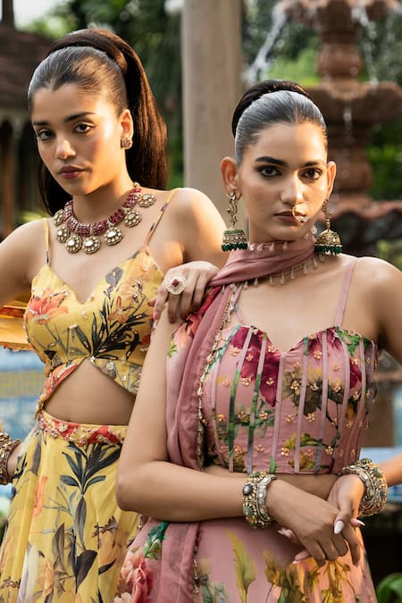 Affroz_Yellow Organza, Silk Embroidery V-neck Floral Print Lehenga Set _Online_at_Aza_Fashions