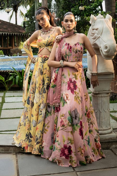 Shop_Affroz_Yellow Organza, Silk Embroidery V-neck Floral Print Lehenga Set _Online_at_Aza_Fashions
