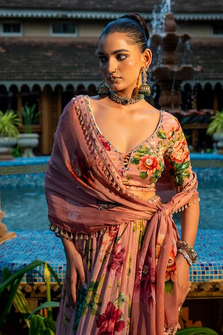 Affroz_Pink Viscose, Crepe, Organza Tassels V-neck Floral Hand Embroidered Lehenga Set _Online_at_Aza_Fashions