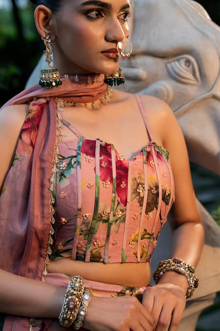 Affroz_Pink Organza, Silk Embroidery, Beads Sweetheart Neck Floral Lehenga Set _Online_at_Aza_Fashions