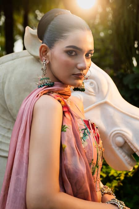 Buy_Affroz_Pink Organza, Silk Embroidery, Beads Sweetheart Neck Floral Lehenga Set _Online_at_Aza_Fashions