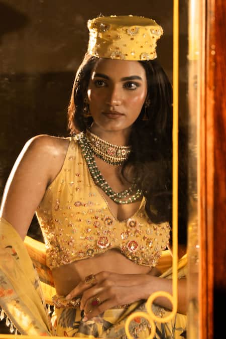 Affroz_Yellow Viscose, Crepe, Organza Embroidery, Beads, Floral Hand Lehenga Set _Online_at_Aza_Fashions