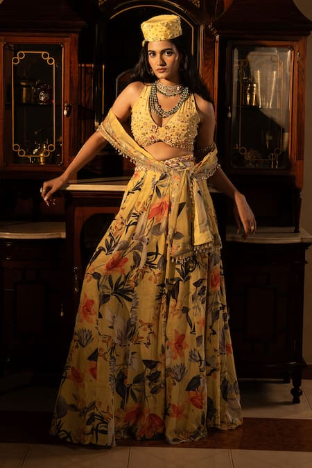 Affroz Yellow Floral Hand Embroidered Lehenga Set 