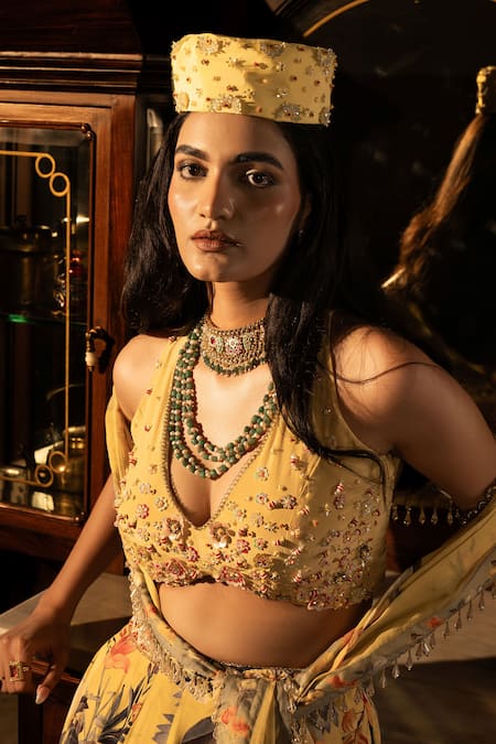 Buy_Affroz_Yellow Viscose, Crepe, Organza Embroidery, Beads, Floral Hand Lehenga Set _Online_at_Aza_Fashions