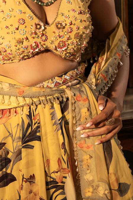 Shop_Affroz_Yellow Viscose, Crepe, Organza Embroidery, Beads, Floral Hand Lehenga Set _Online_at_Aza_Fashions
