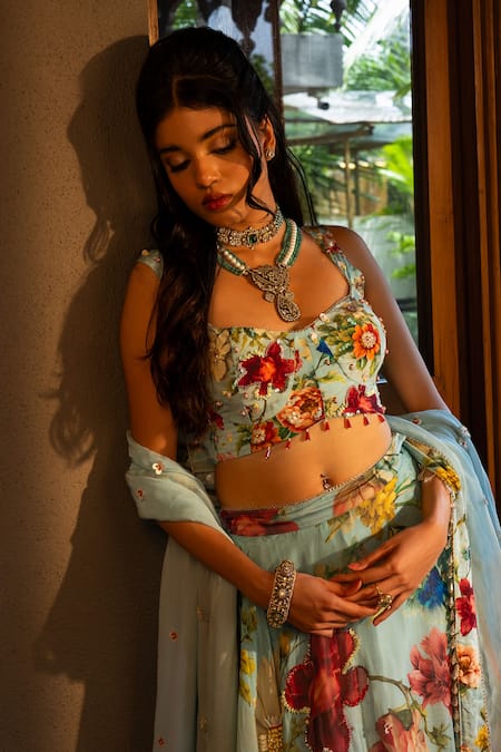 Affroz_Blue , , Embroidery Floral Printed Lehenga Set _Online_at_Aza_Fashions