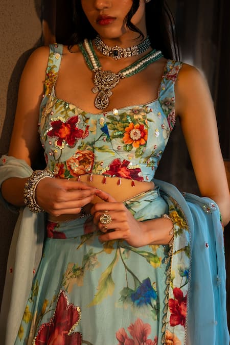 Buy_Affroz_Blue , , Embroidery Floral Printed Lehenga Set _Online_at_Aza_Fashions