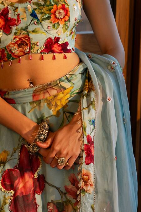 Shop_Affroz_Blue , , Embroidery Floral Printed Lehenga Set _Online_at_Aza_Fashions