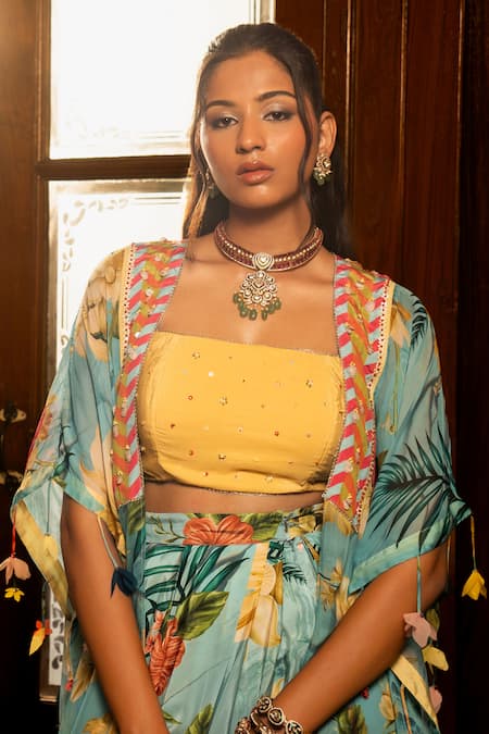 Affroz_Blue Viscose, Crepe, Organza, Silk Embroidery Floral Print Draped Skirt Set _Online_at_Aza_Fashions