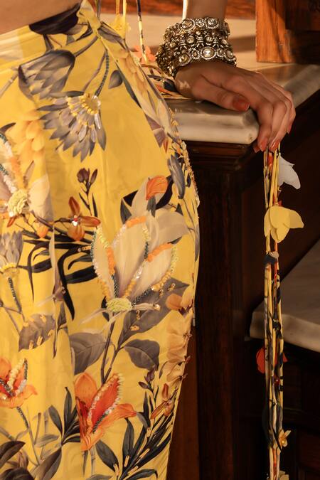 Buy_Affroz_Yellow Viscose, Crepe Embroidery Asymmetric Floral Hand Skirt Set _Online_at_Aza_Fashions