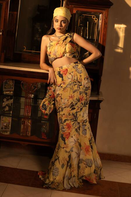 Shop_Affroz_Yellow Viscose, Crepe Embroidery Asymmetric Floral Hand Skirt Set _Online_at_Aza_Fashions