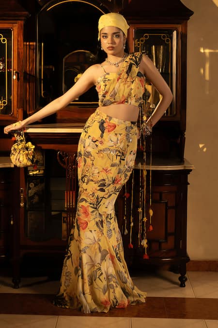 Affroz Yellow Floral Hand Embroidered Skirt Set 