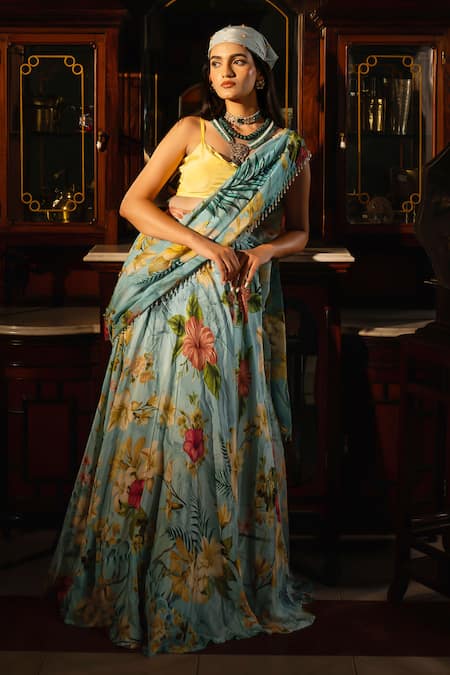 Buy Affroz Blue Viscose, Crepe Round Neck Floral Print Pre-draped Lehenga Saree Set Online at Aza Fashions Buy_Affroz_Blue Viscose, Crepe Round Neck Floral Print Pre-draped Lehenga Saree Set _Online_at_Aza_Fashions