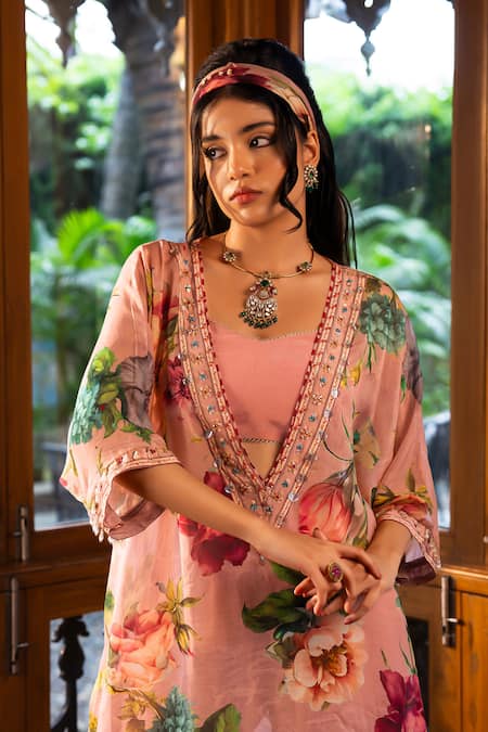 Buy_Affroz_Pink Viscose, Crepe, Organza, Silk Sequins, Beads, Floral Print Kaftan Set _Online_at_Aza_Fashions