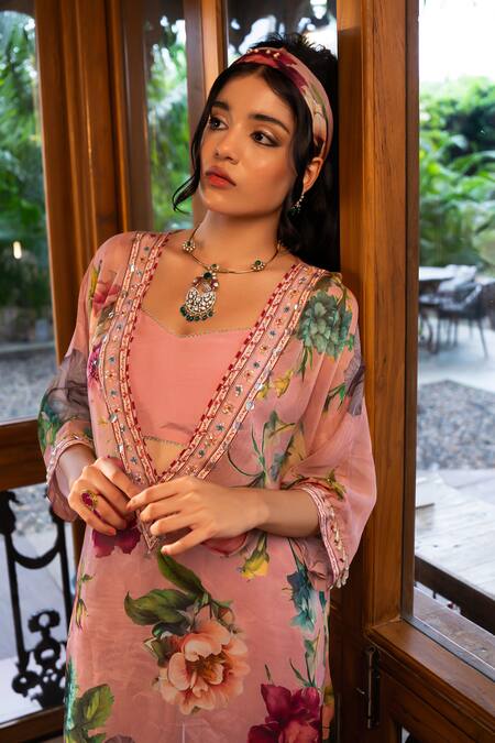 Shop_Affroz_Pink Viscose, Crepe, Organza, Silk Sequins, Beads, Floral Print Kaftan Set _Online_at_Aza_Fashions