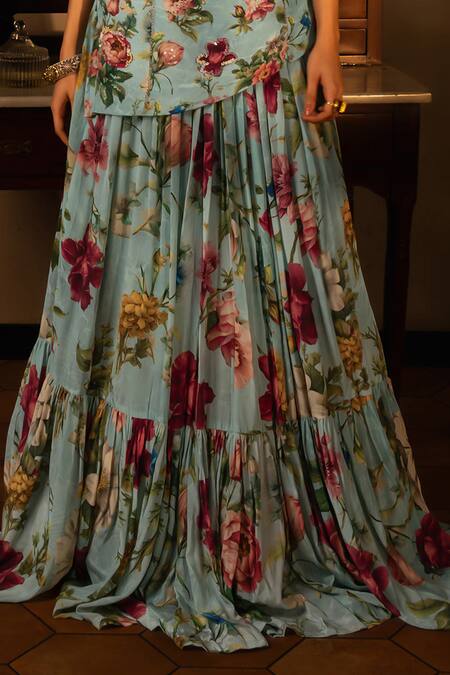 Affroz_Blue Viscose, Crepe, Organza Embroidery, Fabric Floral Hand Kurta Lehenga Set _Online_at_Aza_Fashions