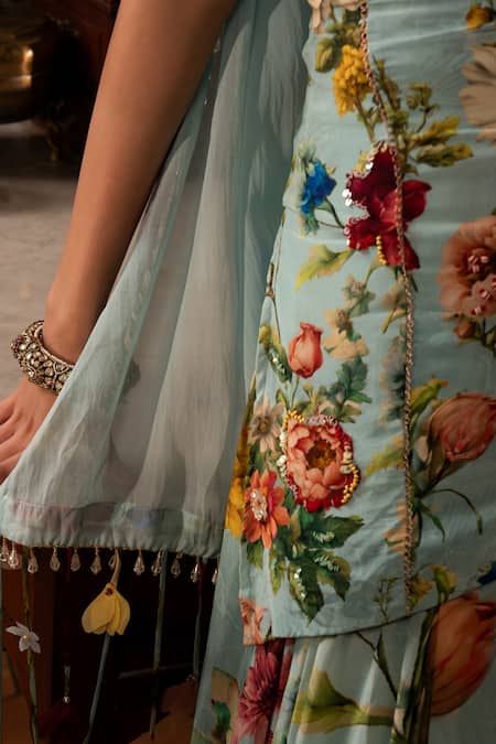 Buy_Affroz_Blue Viscose, Crepe, Organza Embroidery, Fabric Floral Hand Kurta Lehenga Set _Online_at_Aza_Fashions