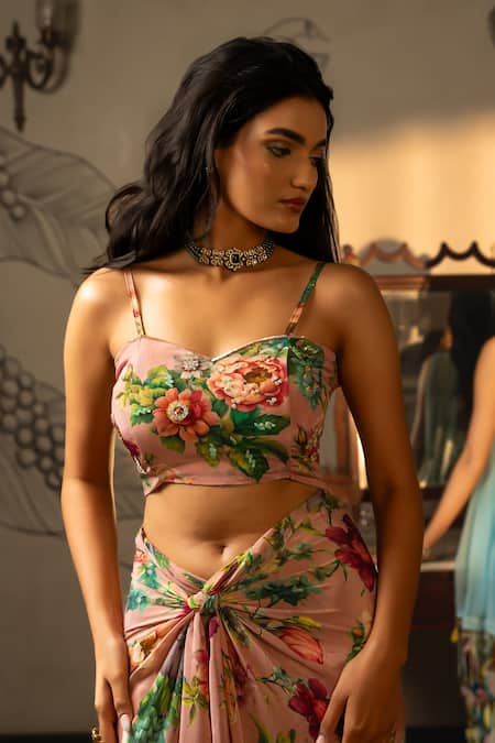 Shop Affroz Pink Viscose, Crepe Embroidery, Fabric Flowers Floral Hand Skirt And Bustier Set Online at Aza Fashions Shop_Affroz_Pink Viscose, Crepe Embroidery, Fabric Flowers Floral Hand Skirt And Bustier Set _Online_at_Aza_Fashions