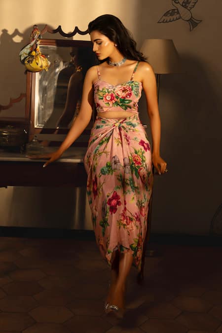 Buy Affroz Pink Viscose, Crepe Embroidery, Fabric Flowers Floral Hand Skirt And Bustier Set Buy_Affroz_Pink Viscose, Crepe Embroidery, Fabric Flowers Floral Hand Skirt And Bustier Set