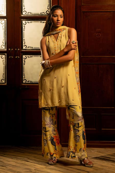Affroz Hand Embroidered Yellow Kurta Set 